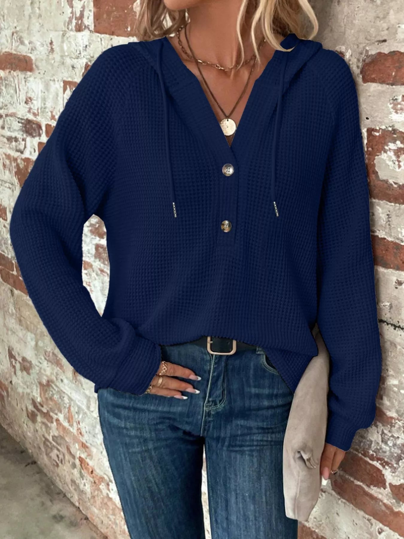 Waffle Knit Button Detail Hoodie