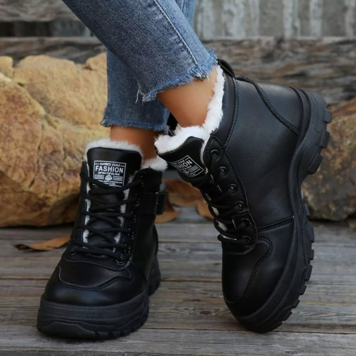 Warm Lined Ankle Boots with Buckle Detail