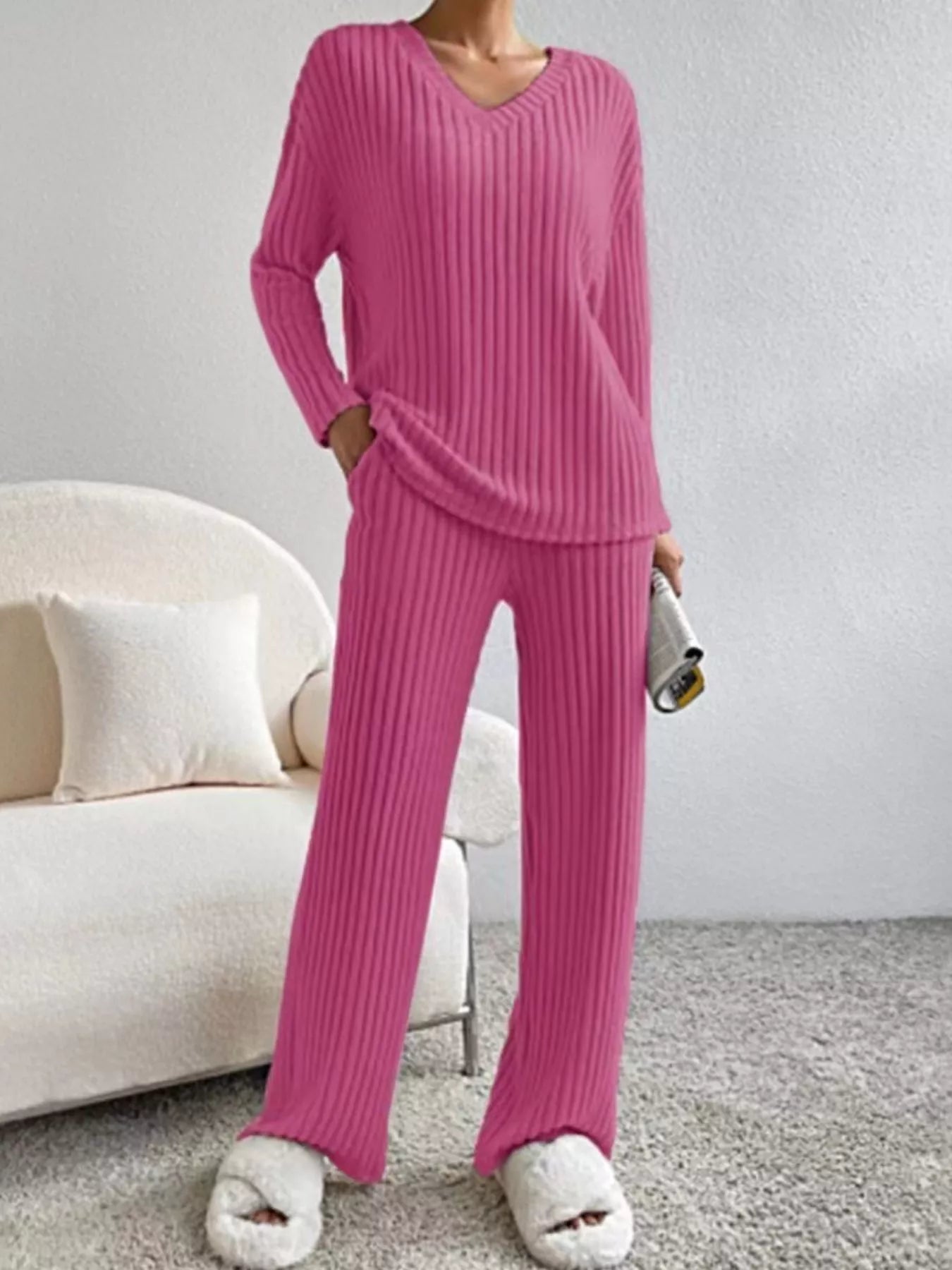 Ribbed Knit V-Neck Top and Pants Set