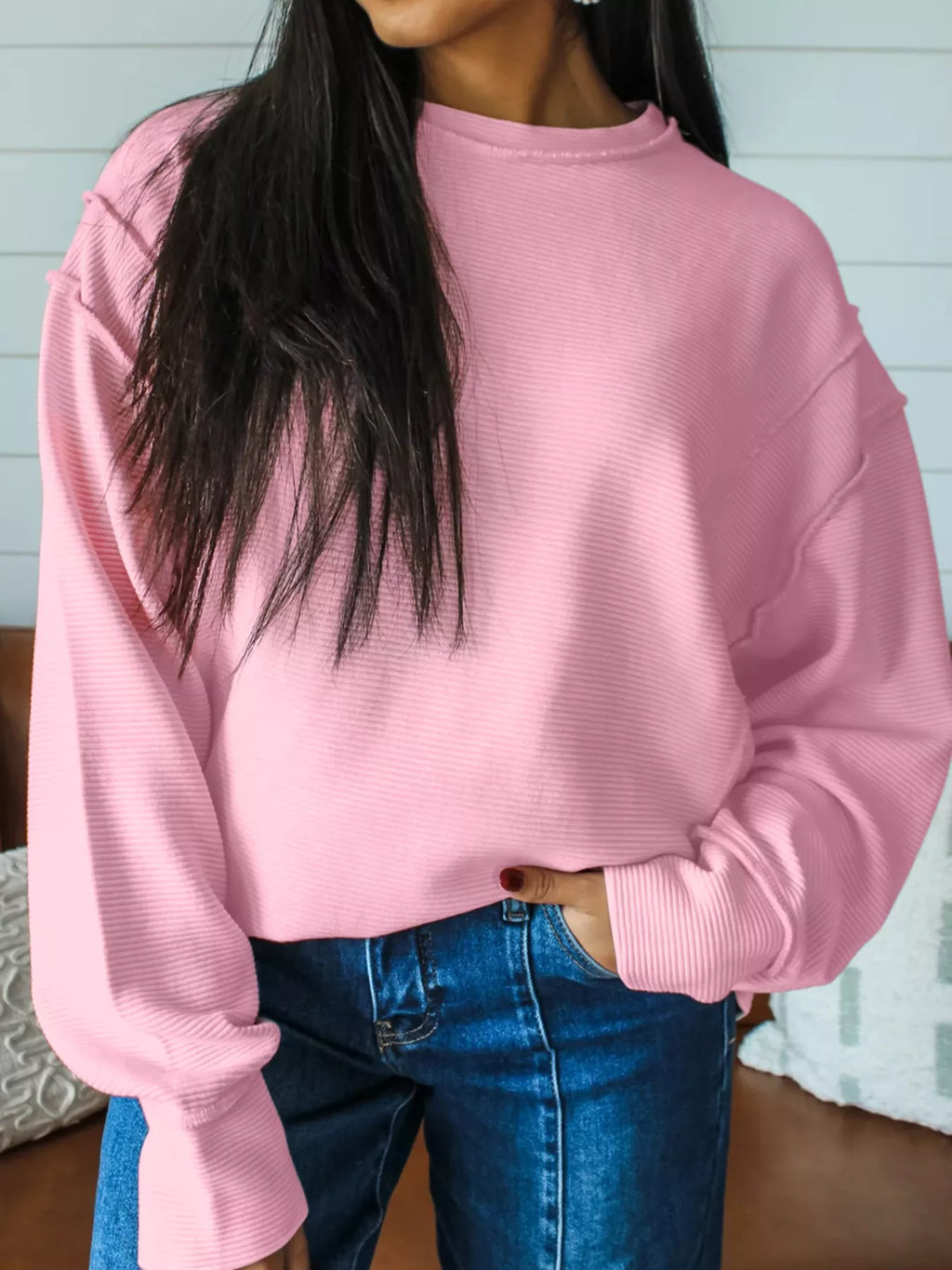 Horizontal Ribbed Exposed Seam Detail Drop Shoulder Baggy Pullover