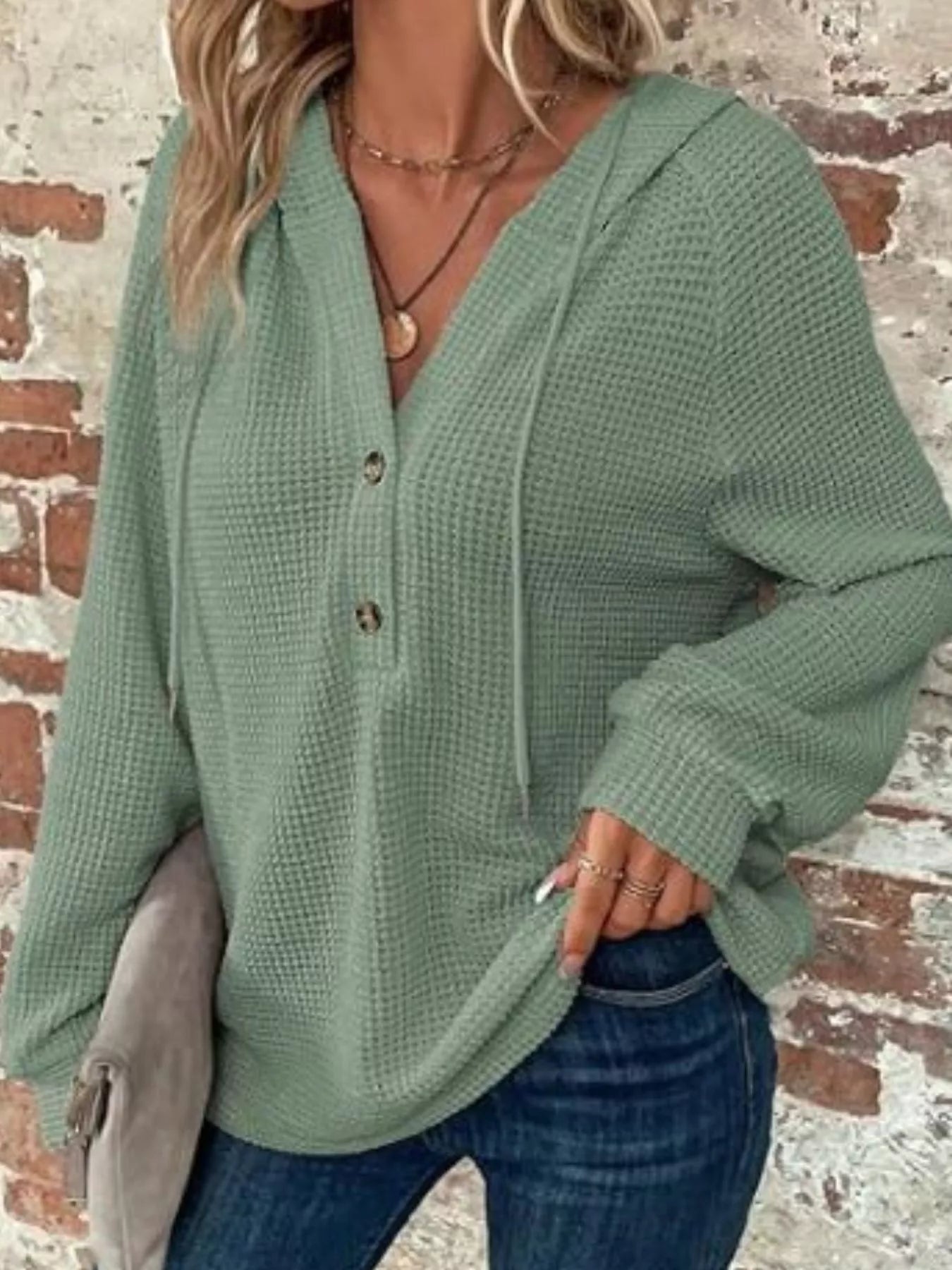Waffle Knit Button Detail Hoodie