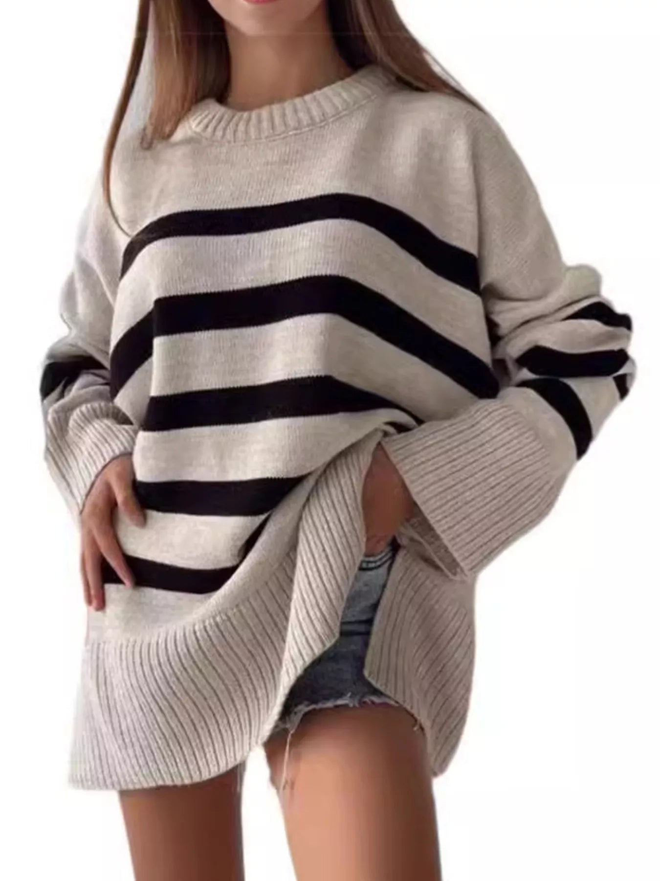 Side Slit Striped Oversized Knit Sweater