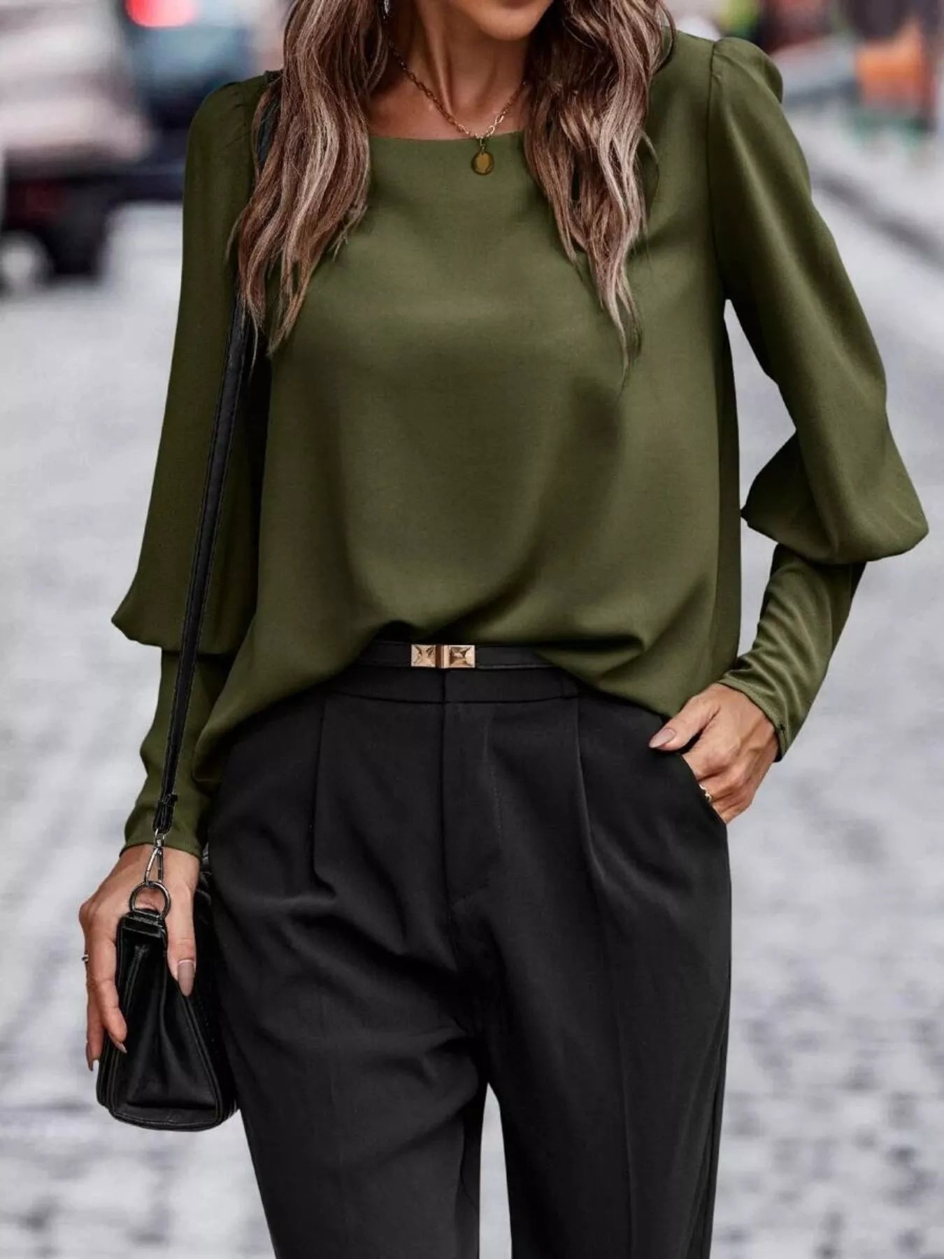 Back Button Lantern Sleeve Blouse