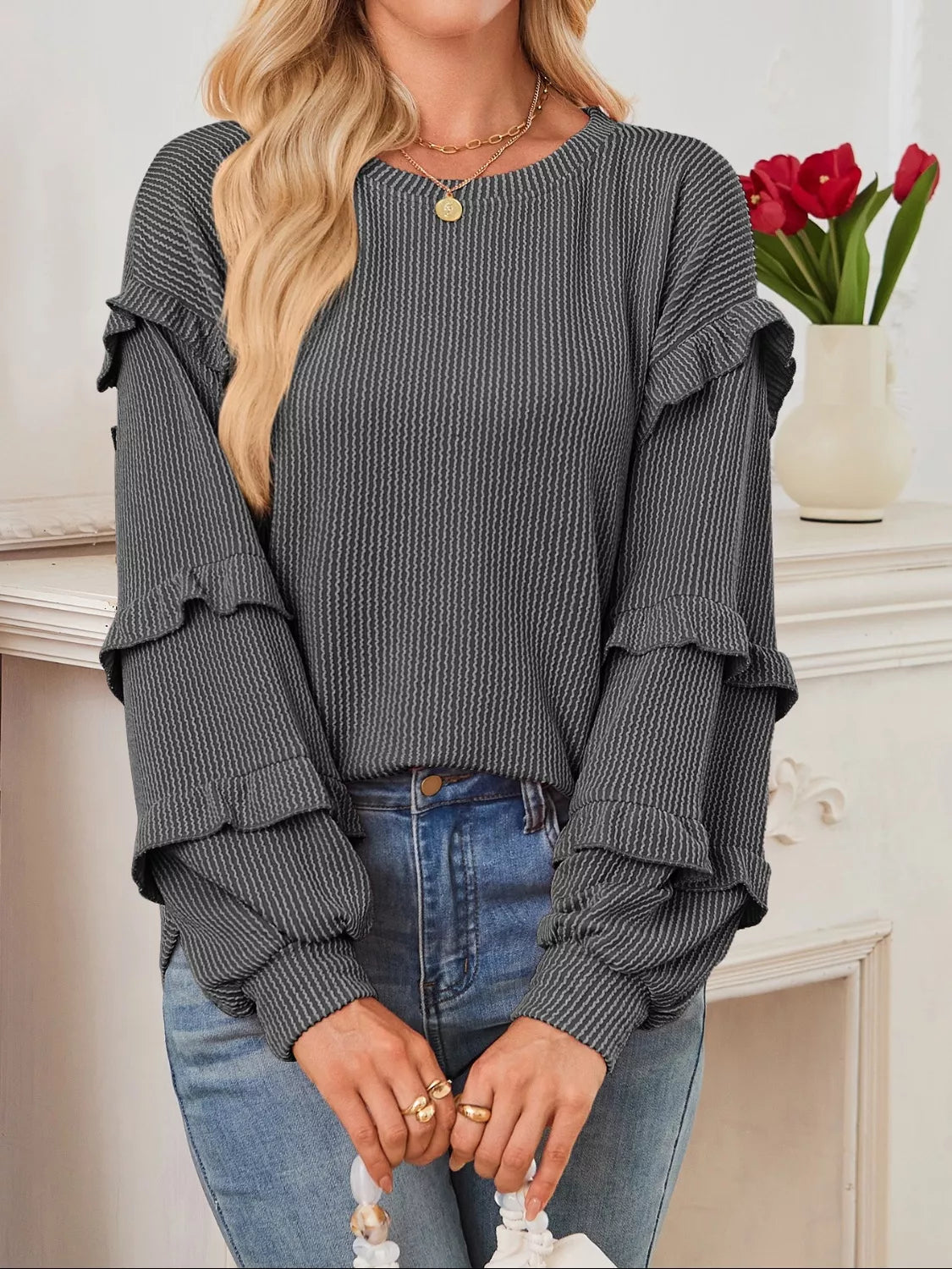 Ruffled Long Sleeve Knit T-Shirt