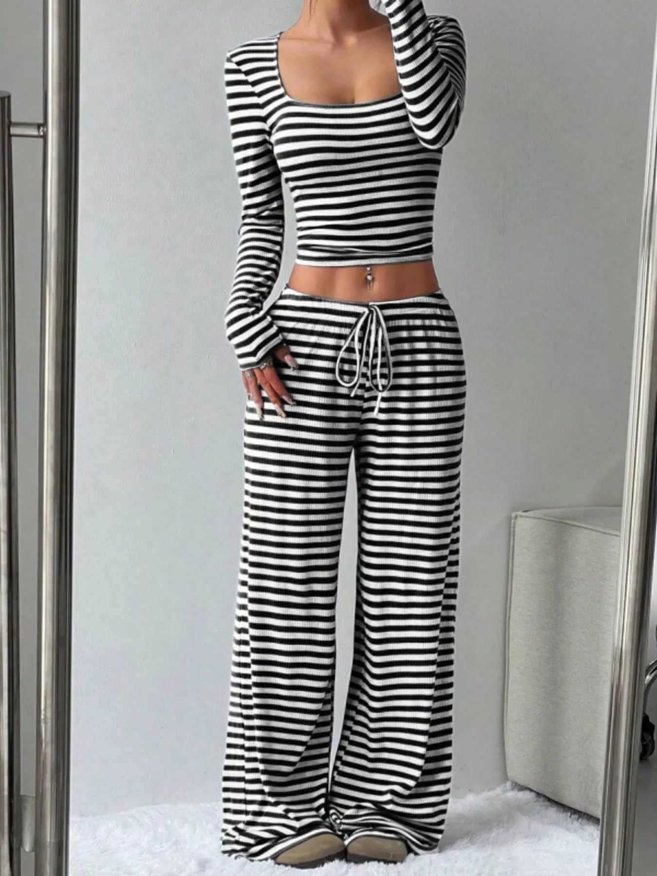 Striped Long Sleeve Crop Top and Wide Leg Pants Set