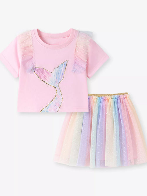 Children's Mermaid Tail Tee & Rainbow Tulle Skirt Set