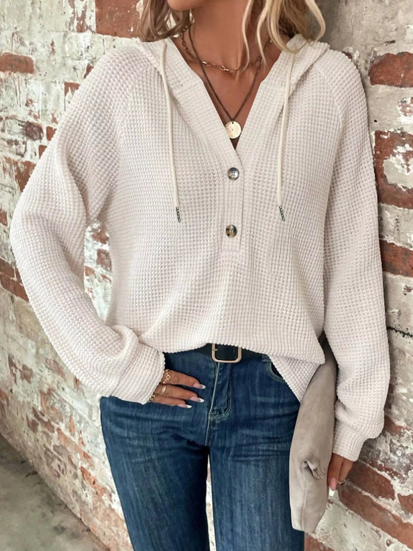 Waffle Knit Button Detail Hoodie
