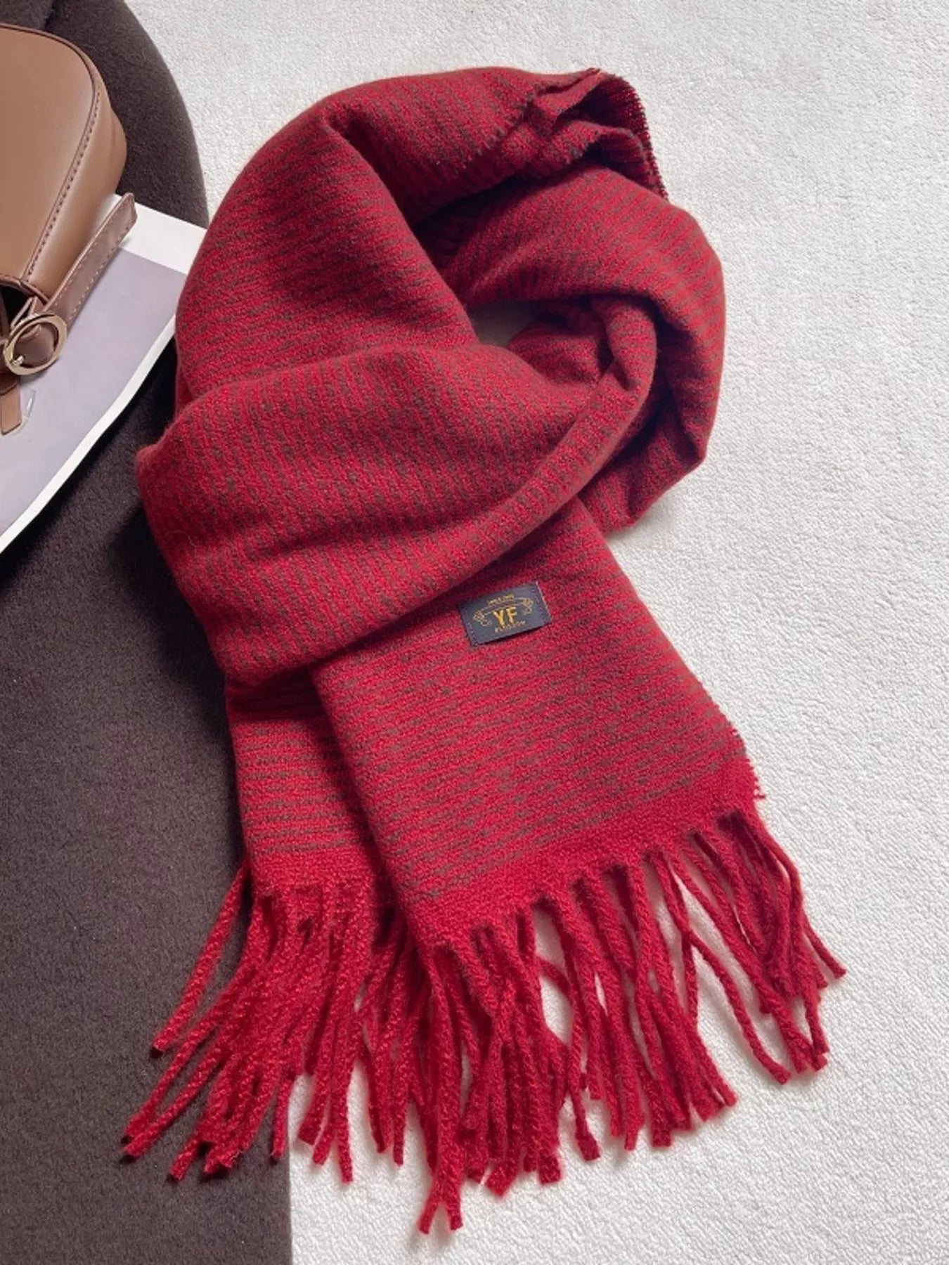 Warm Striped Tassel Scarf