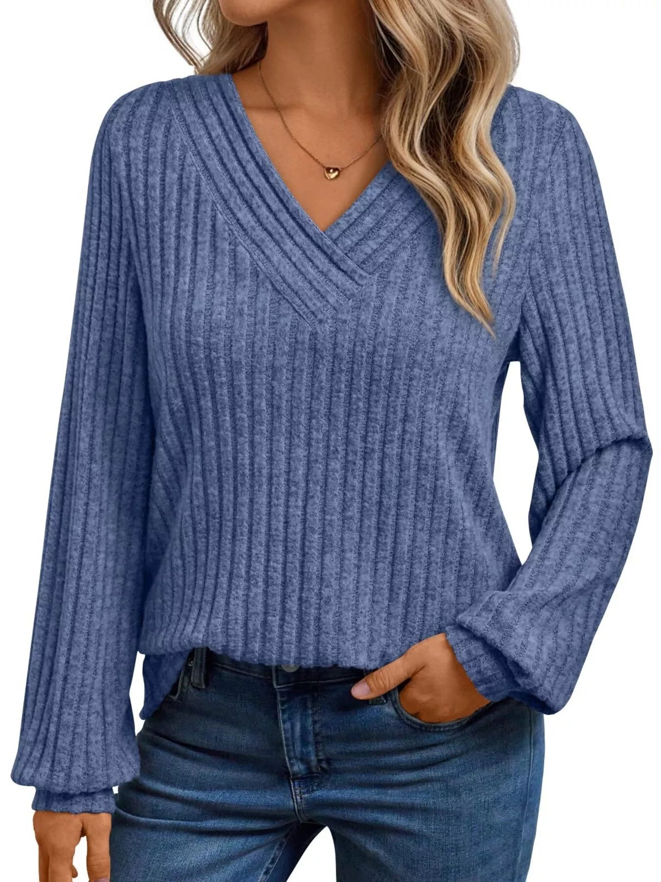 Ribbed Knit V-Neck Long Sleeve T-Shirt