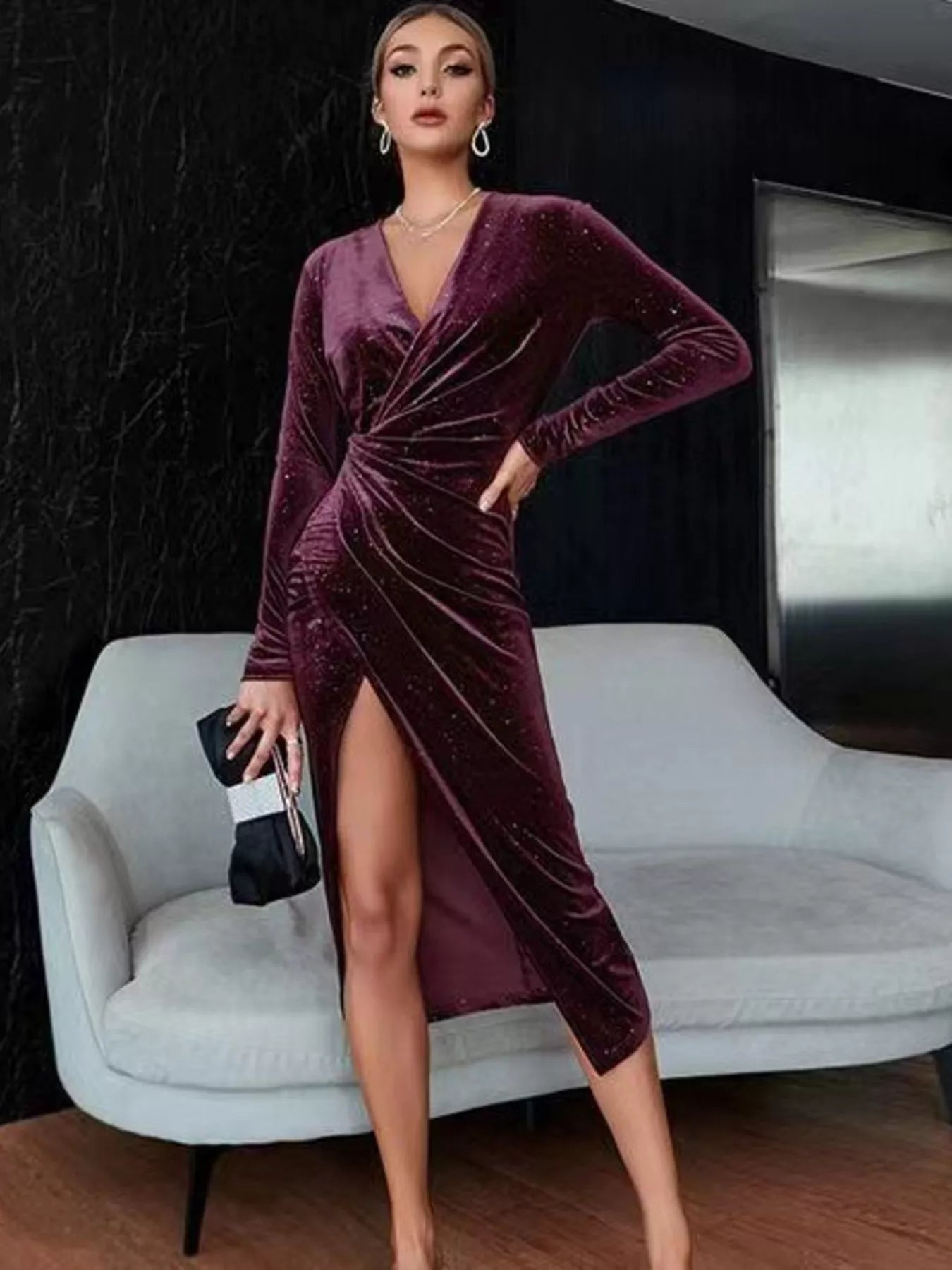 Velvet Ruched Slit Midi Dress