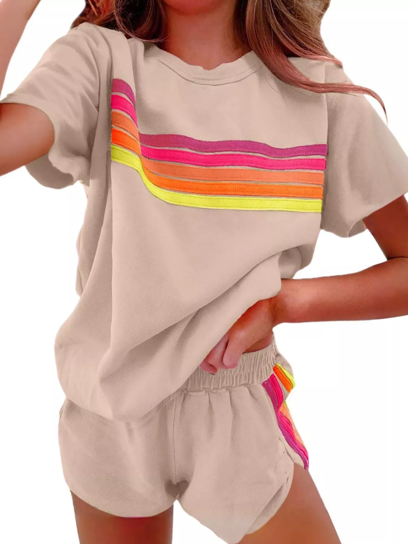 Rainbow Striped Round Neck Top and Shorts Set
