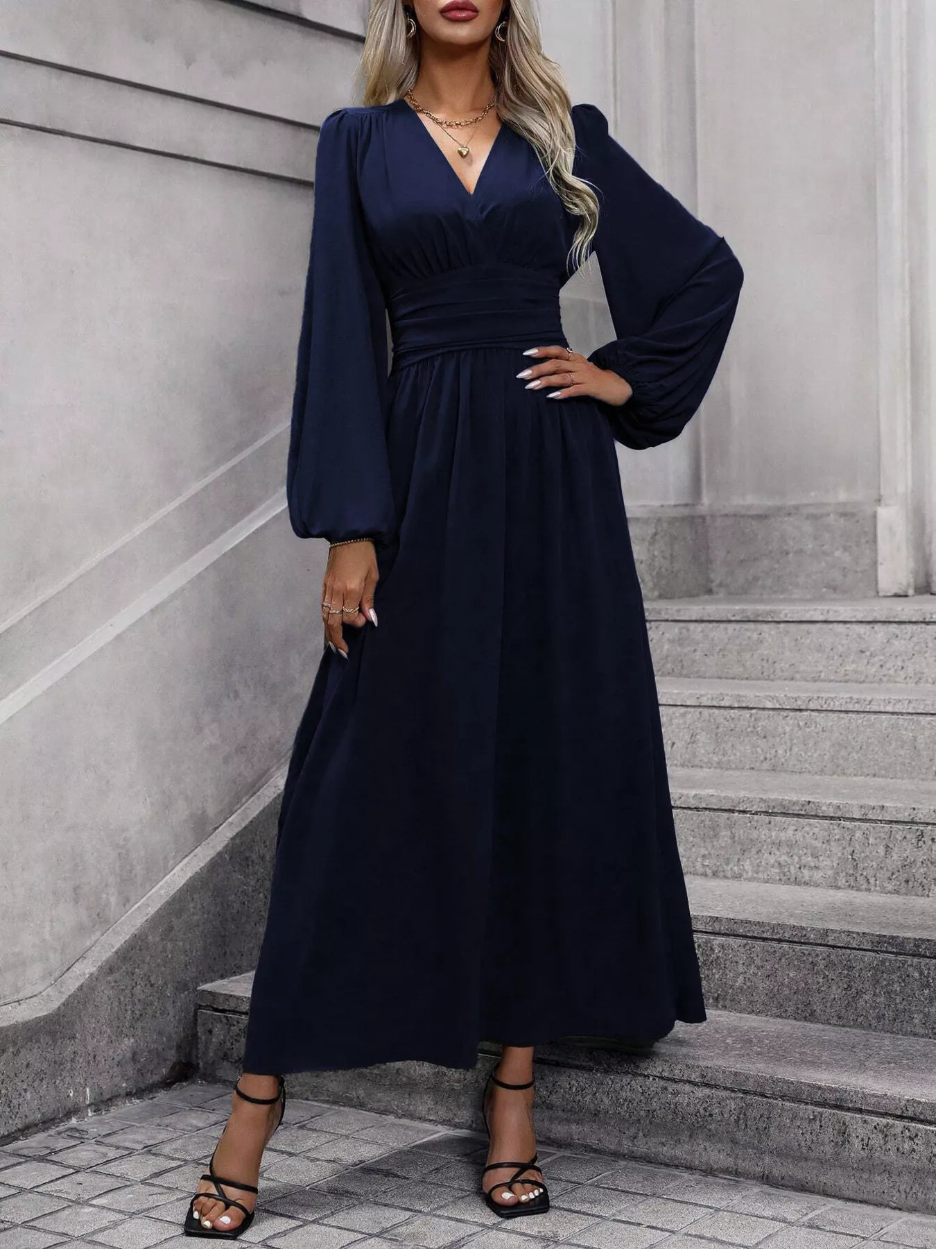 Slit Balloon Sleeve Midi Dress