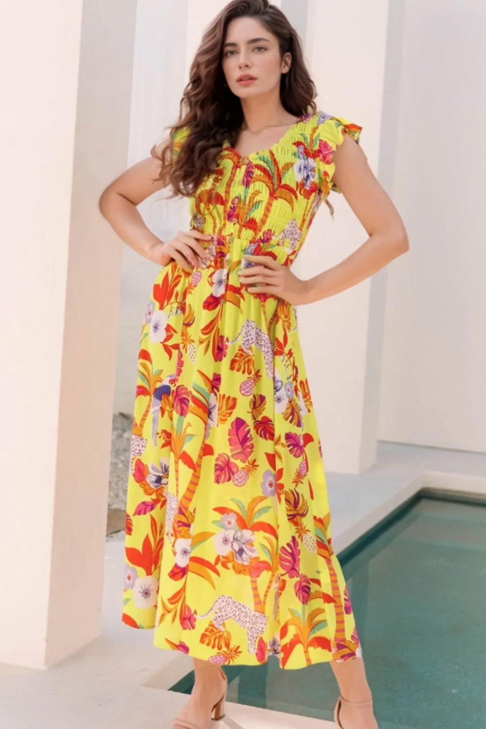 Cheetah Plant Print Shirred Button V Neck Maxi Dress