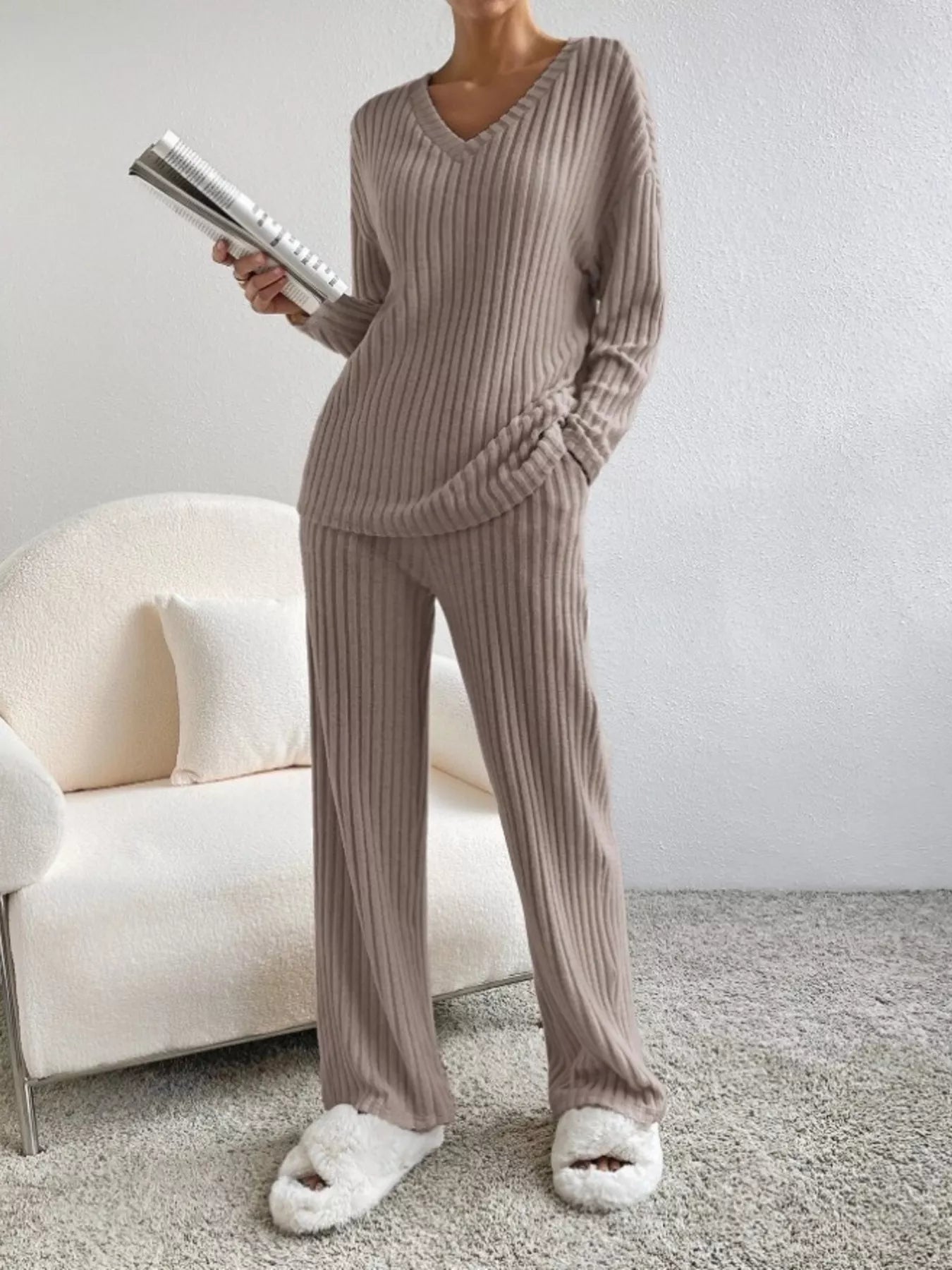 Ribbed Knit V-Neck Top and Pants Set