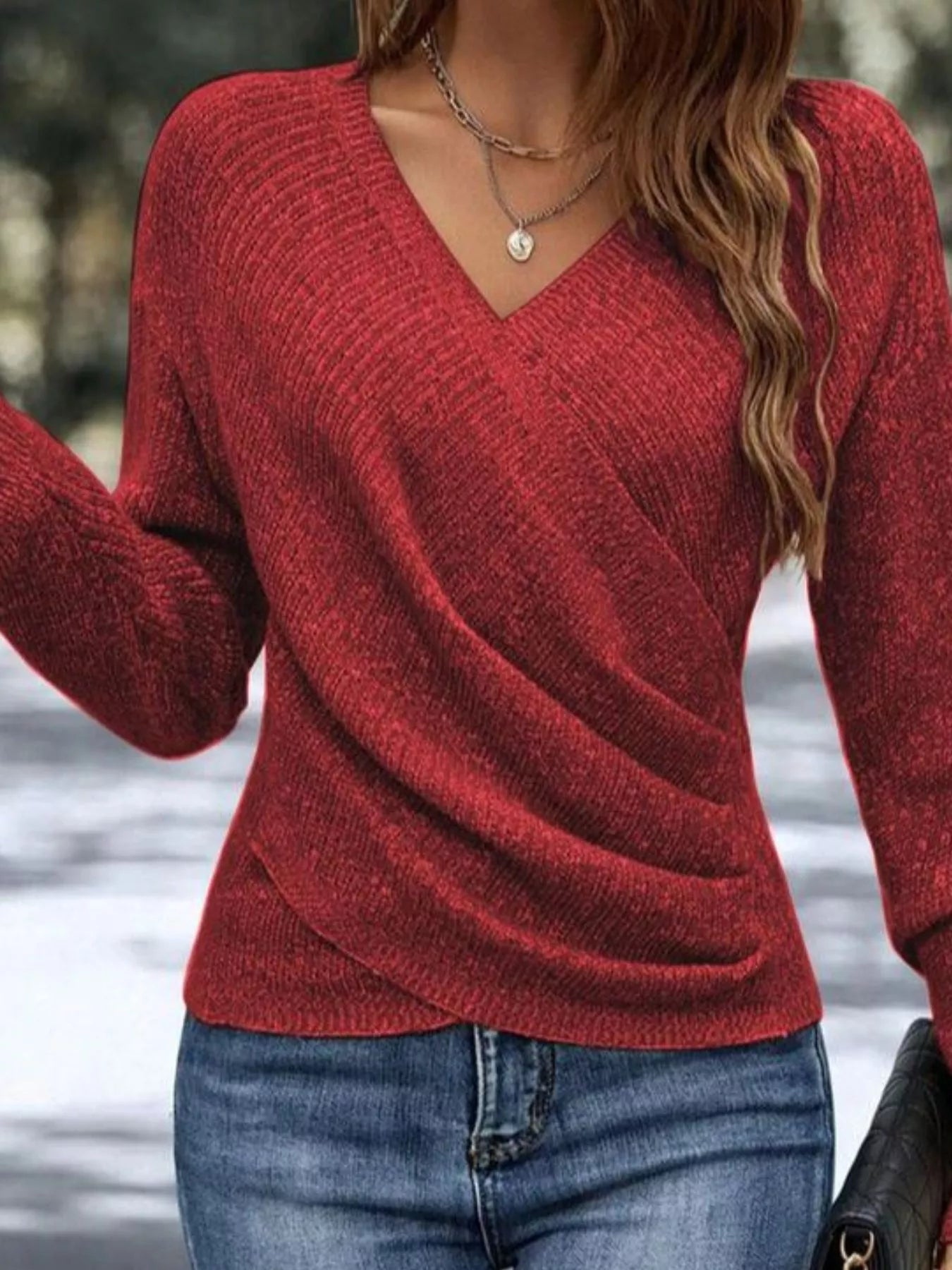 Surplice Long Sleeve Knit Top