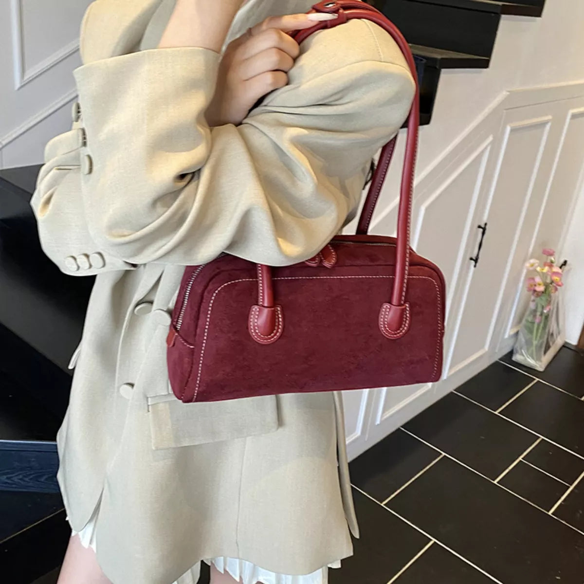Velvet Shoulder Bag with Leather Strap