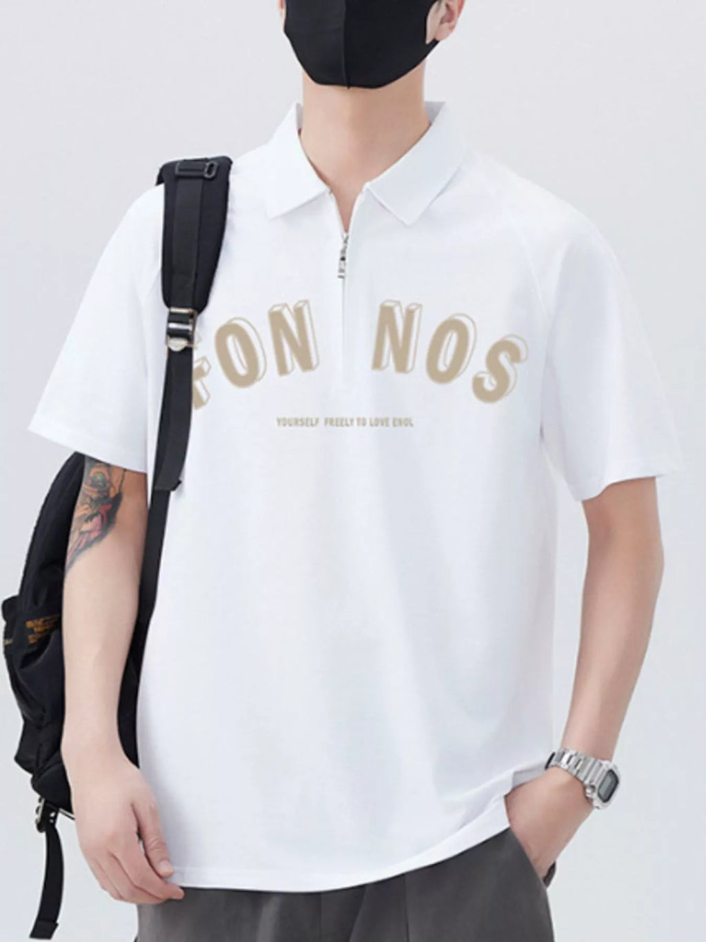 Men's Plus Size Zipper Polo Shirt with Letter Print