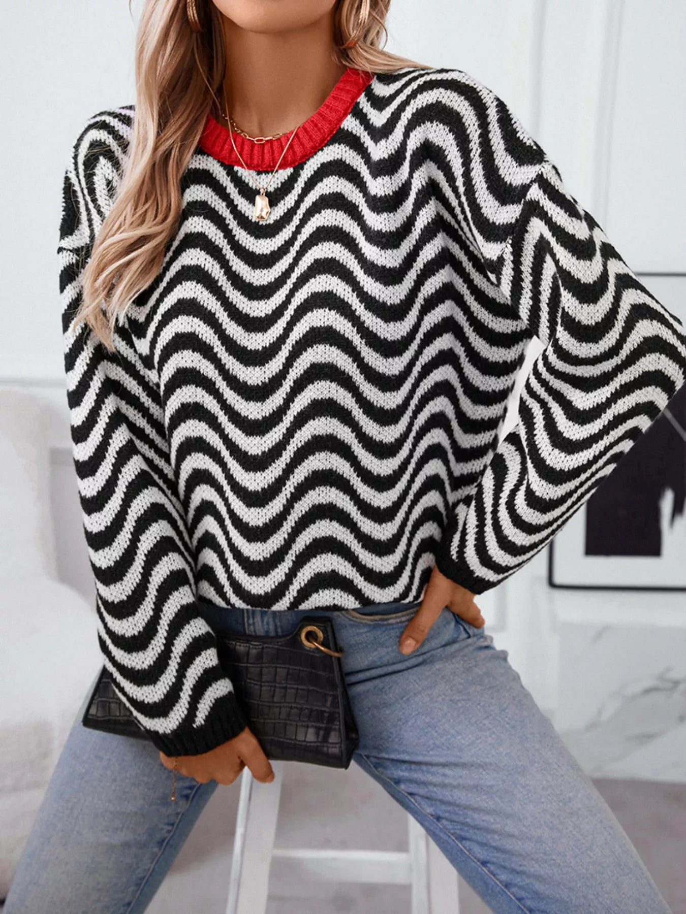 Wavy Striped Round Neck Sweater