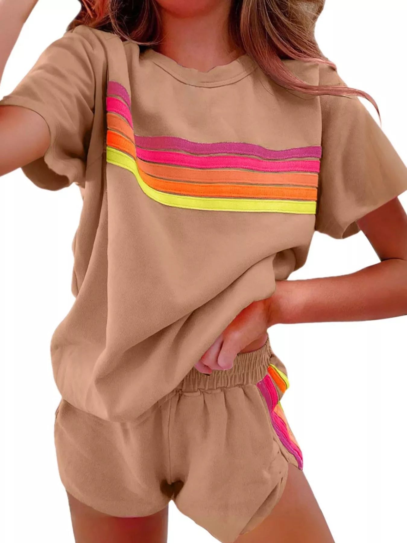 Rainbow Striped Round Neck Top and Shorts Set
