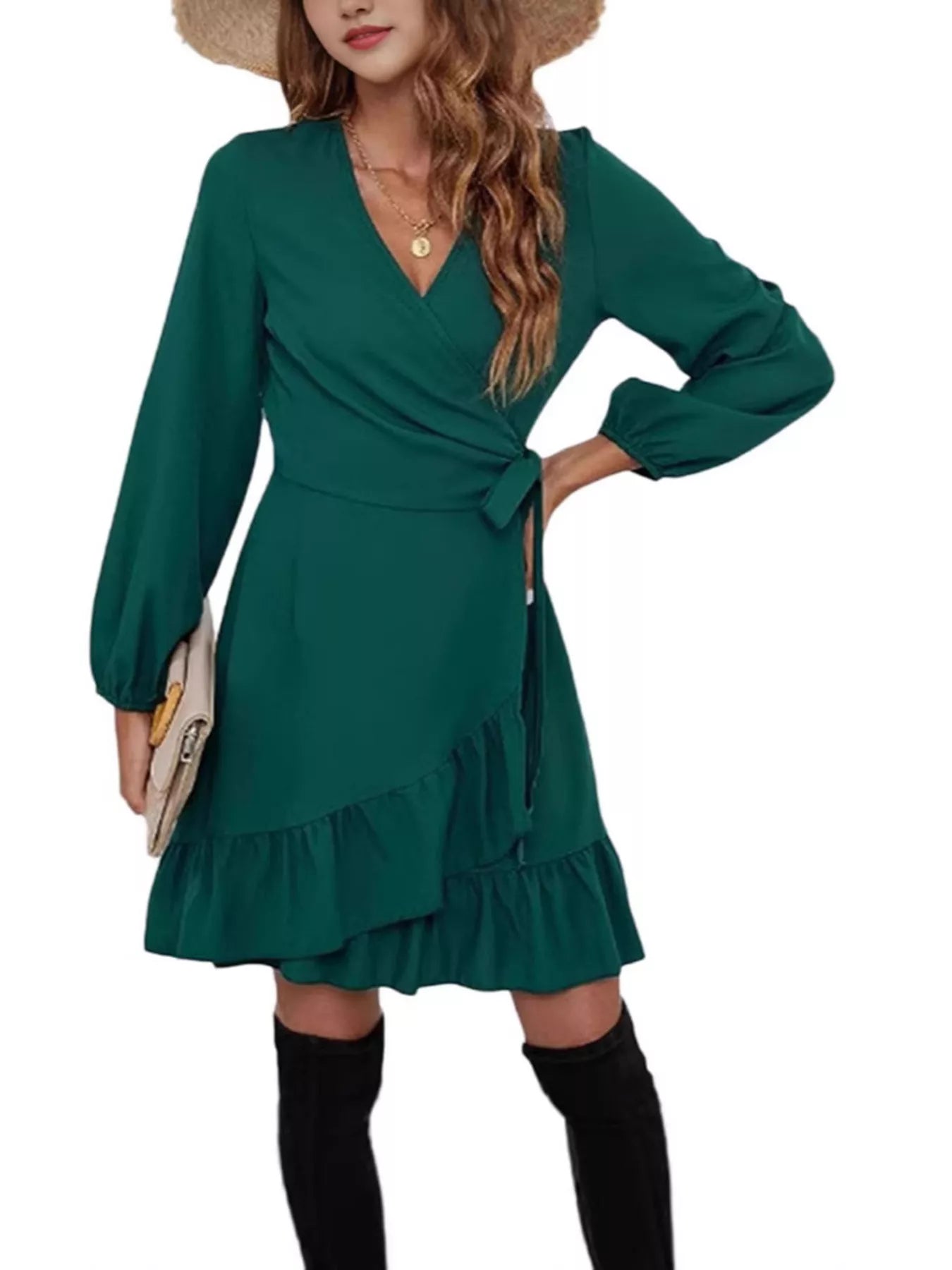 Ruffle Hem Long Sleeve Wrap Dress