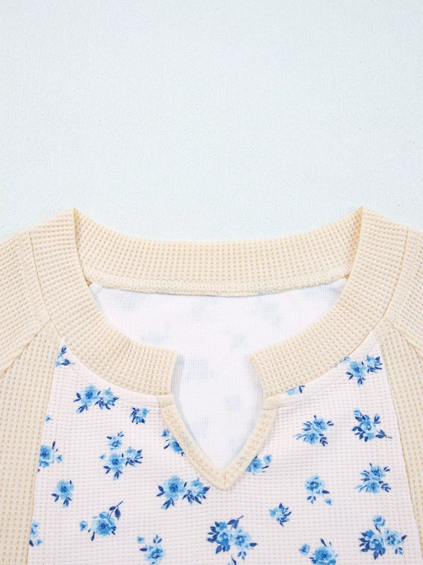 Waffle Knit Floral Color Block Patchwork Balloon Sleeves Oversized Top