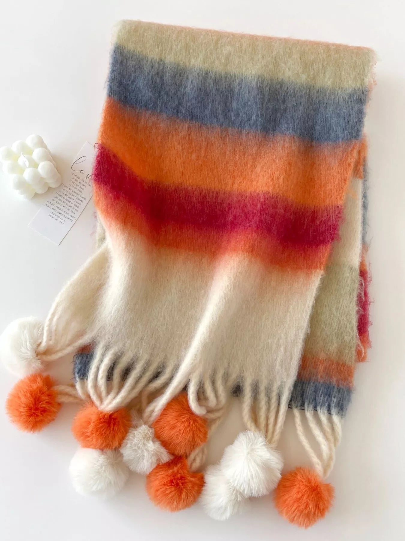 Rainbow Striped Fuzzy Scarf with Pom-Poms