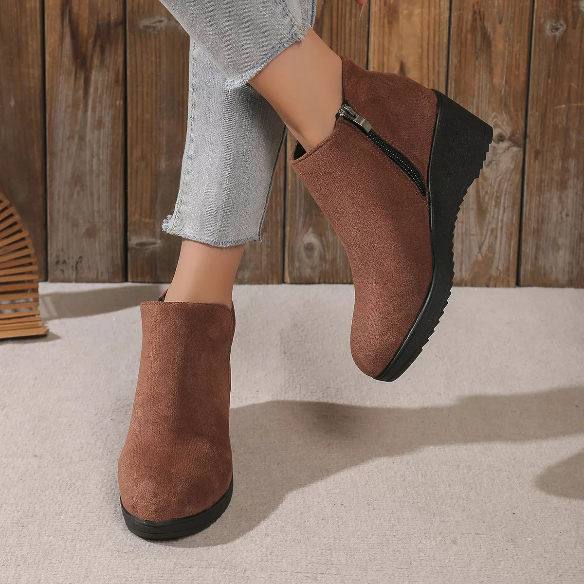 Round Toe Wedge Ankle Boots