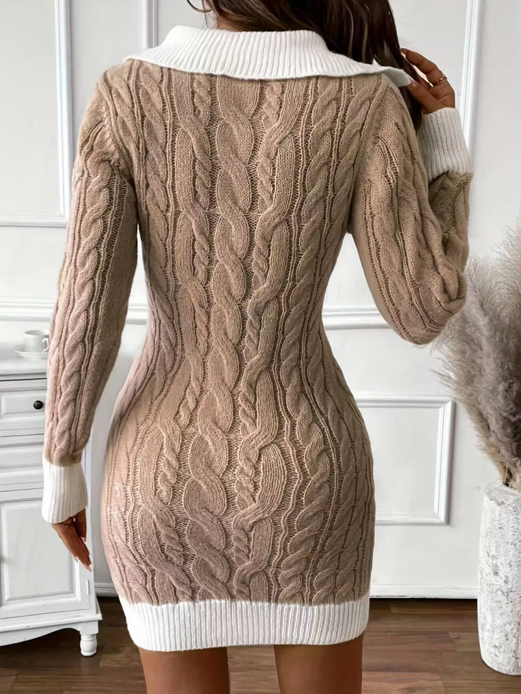 Cable Knit Contrast Trim Sweater Dress