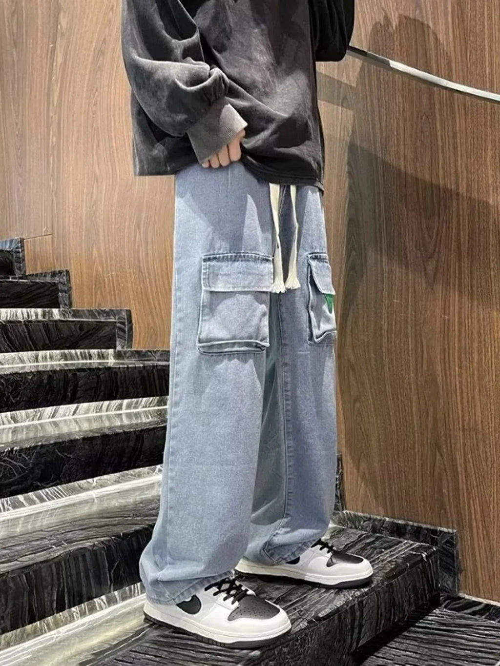 Men's Full Size Vintage Washed Wide Leg Cargo Jeans Plus Size
