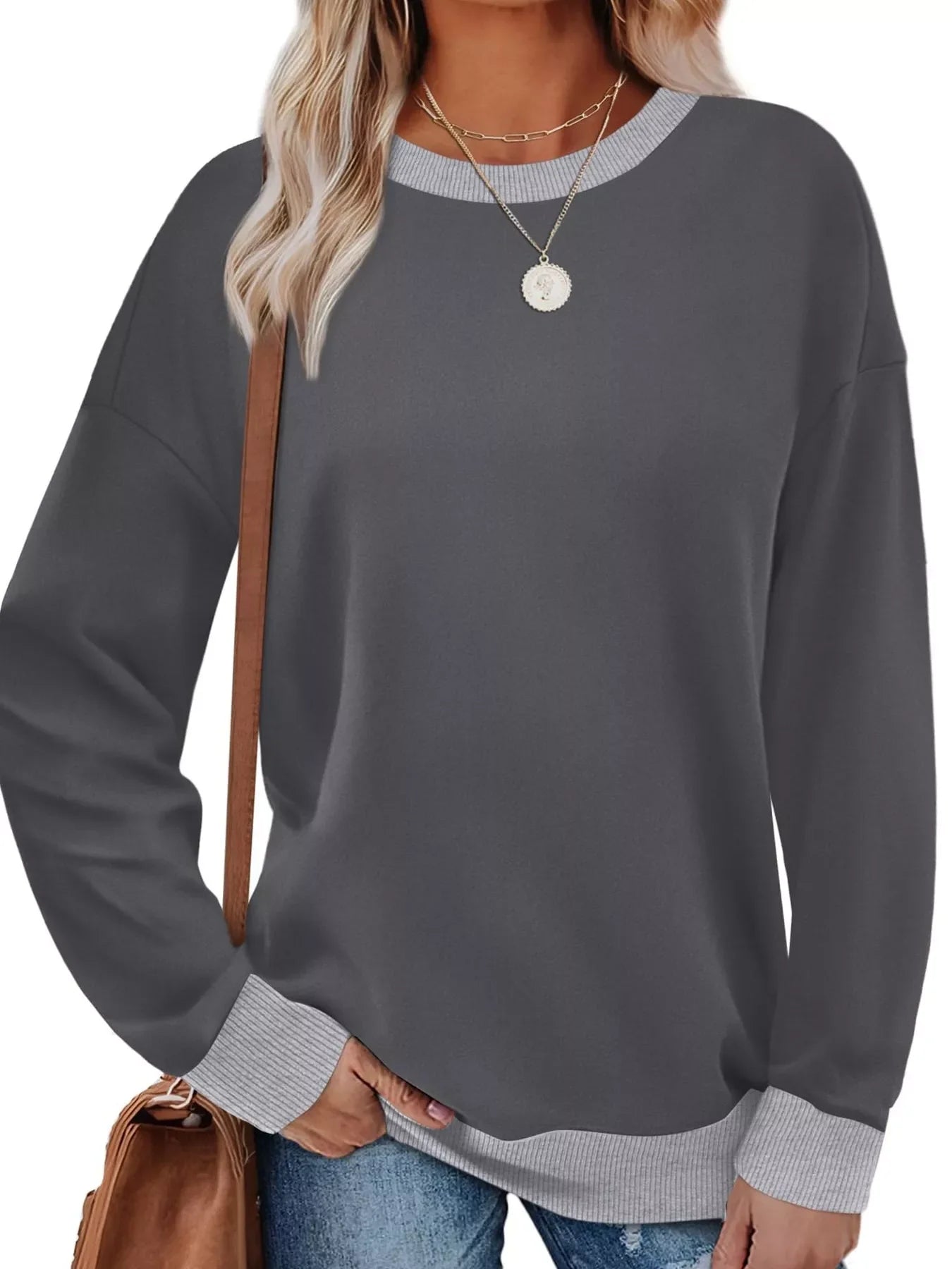 Contrast Trim Crew Neck Casual Sweatshirt