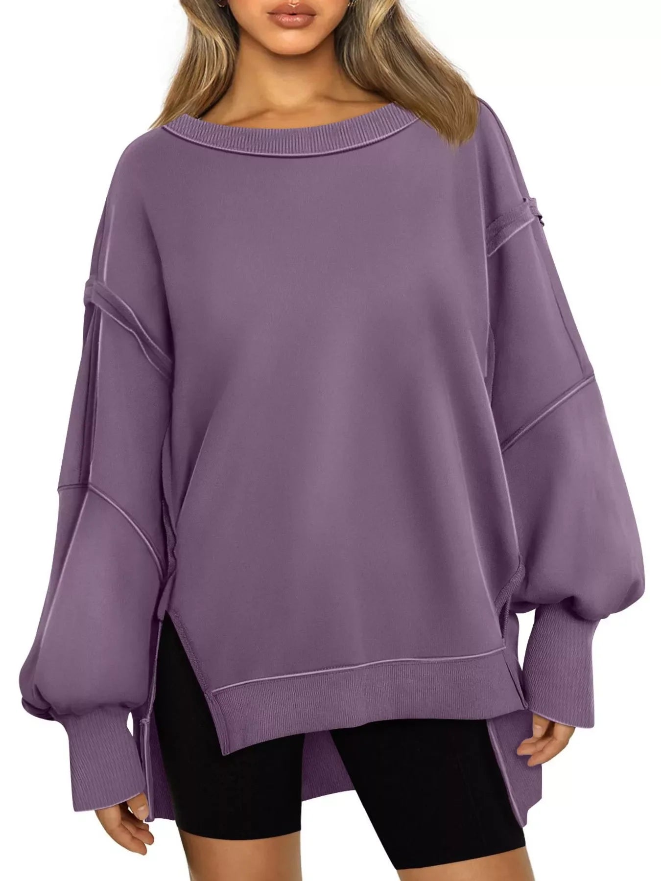 Side Slit Long Sleeve Oversized Sweatshirt
