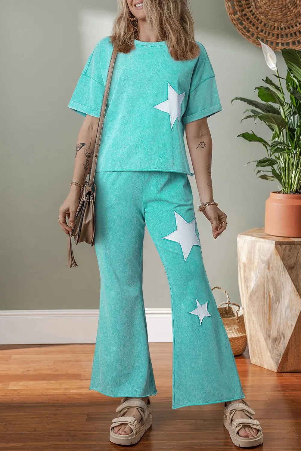 Star Round Neck Half Sleeve Top and Pants Set