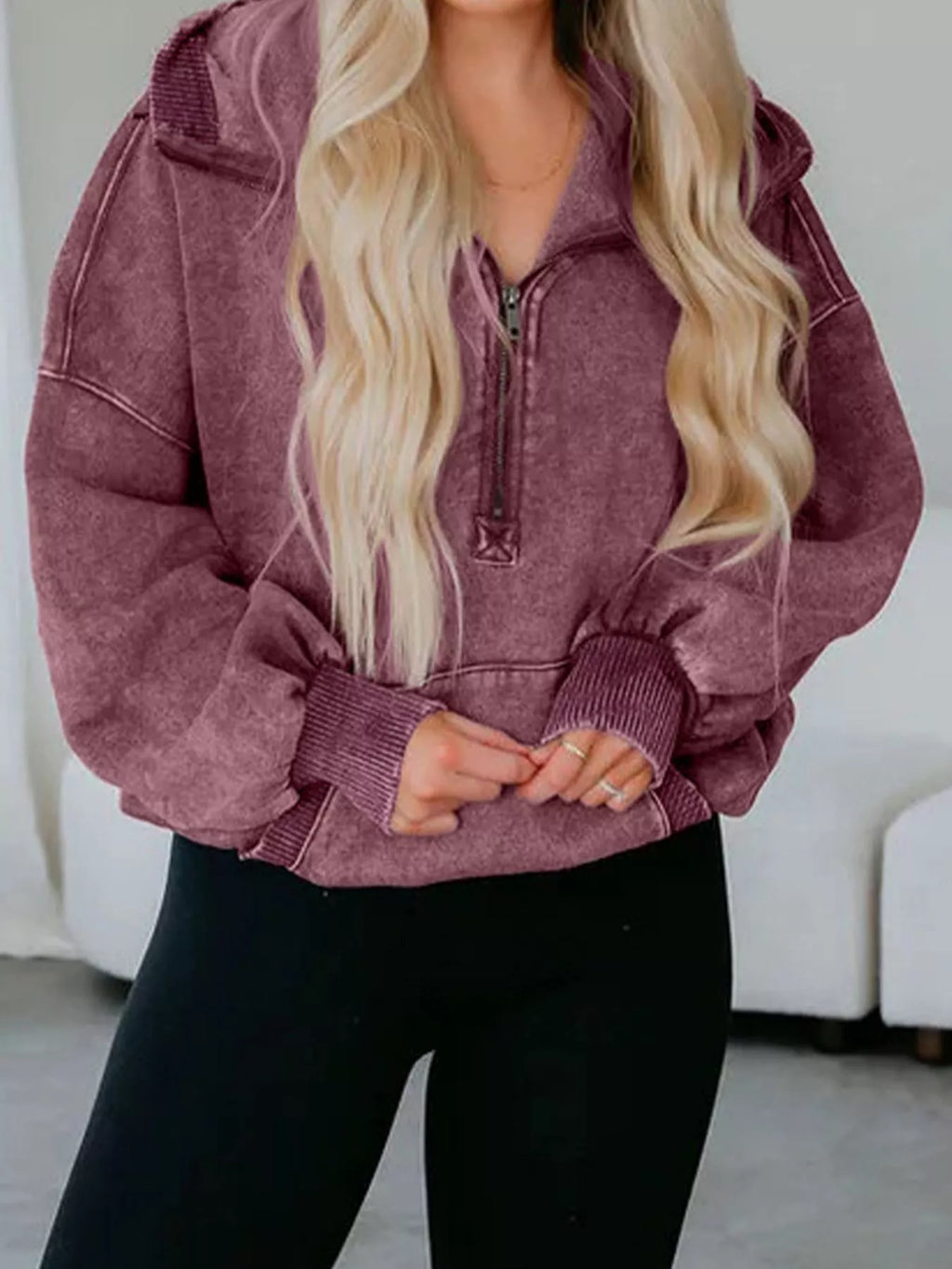 Washed Half Zip Pullover Hoodie