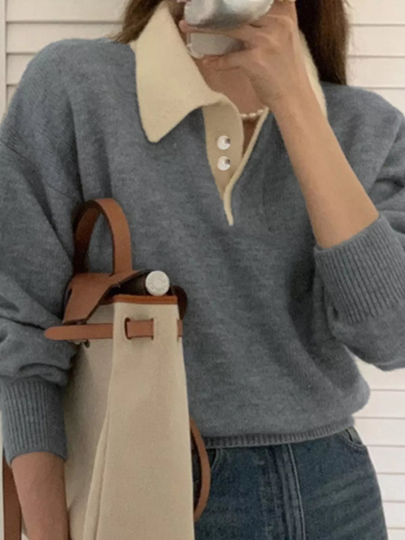 Polo Collar Dropped Shoulder Sweater