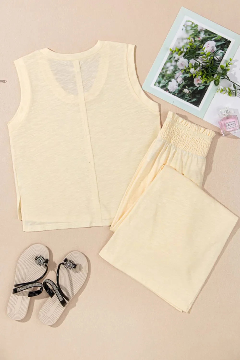 Solid Color Tank Top and Smocked Waist Pants Set