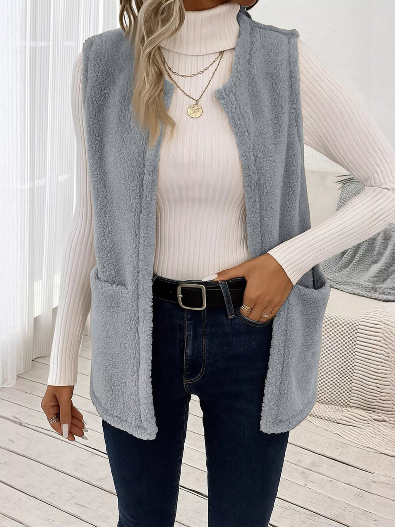 Sleeveless Fuzzy Fleece Vest Coat