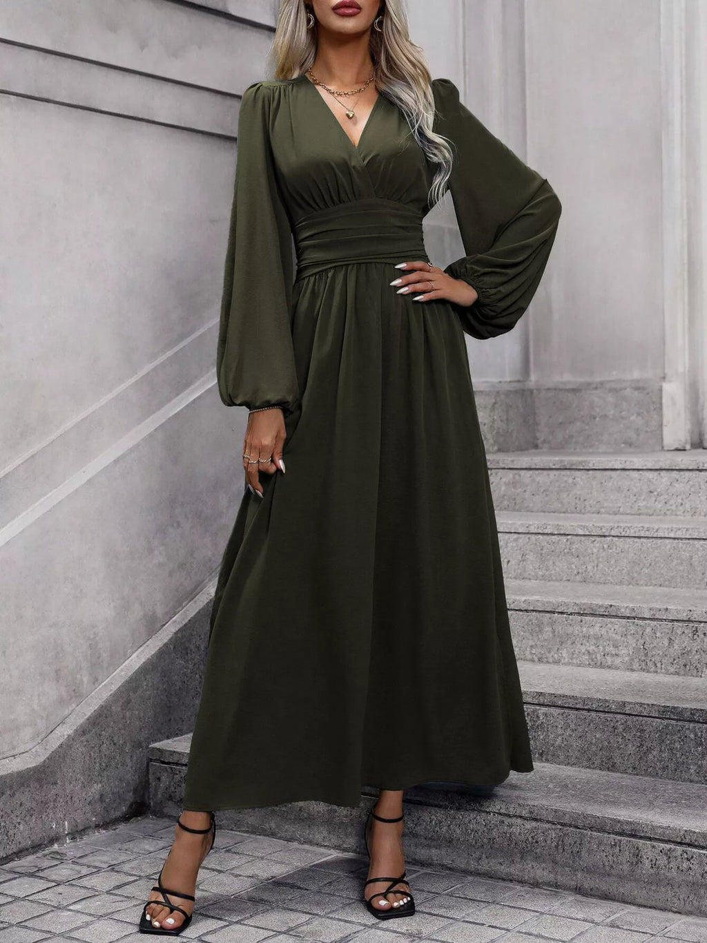 Slit Balloon Sleeve Midi Dress