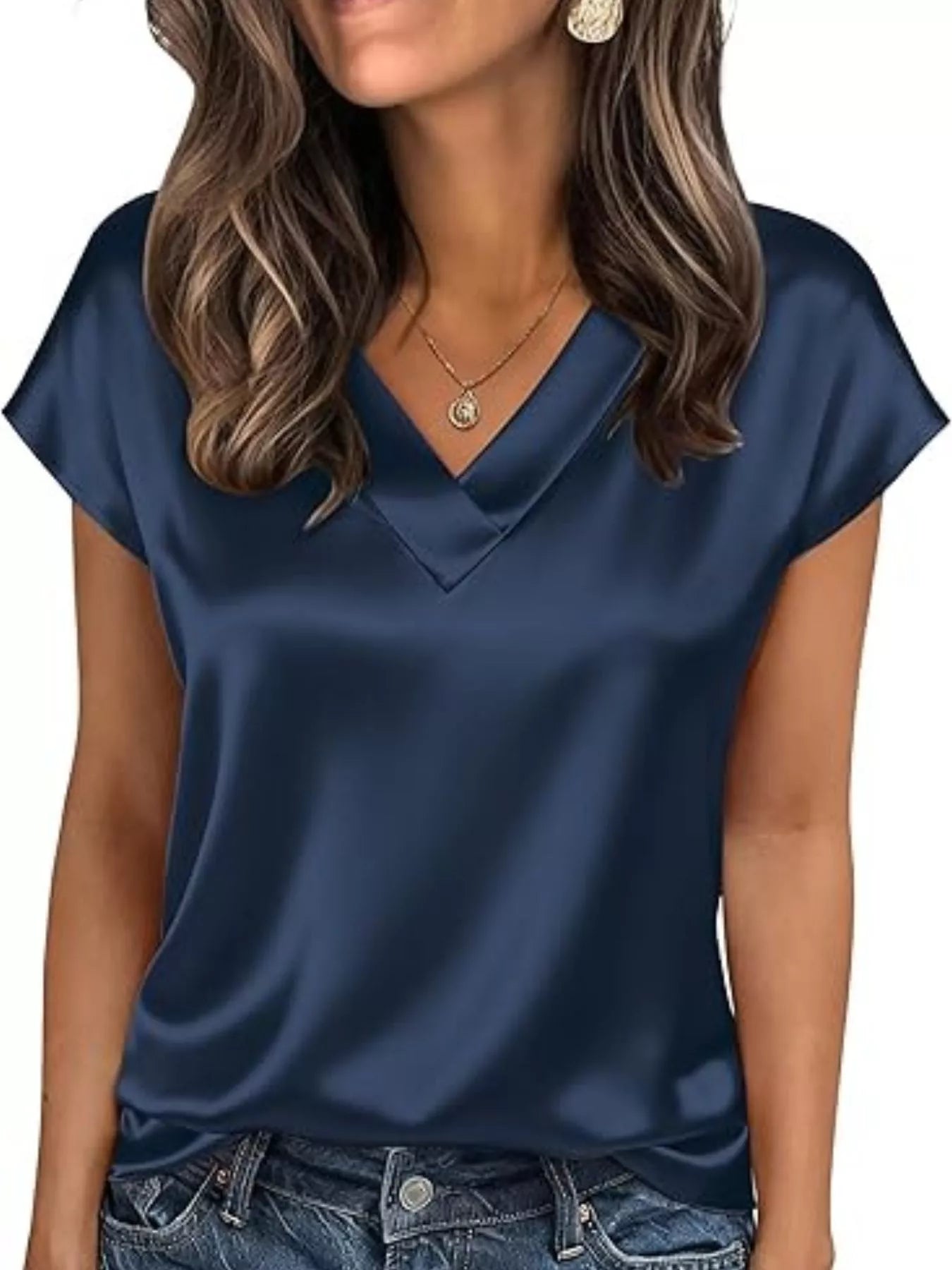 Satin V-Neck Short Sleeve Blouse