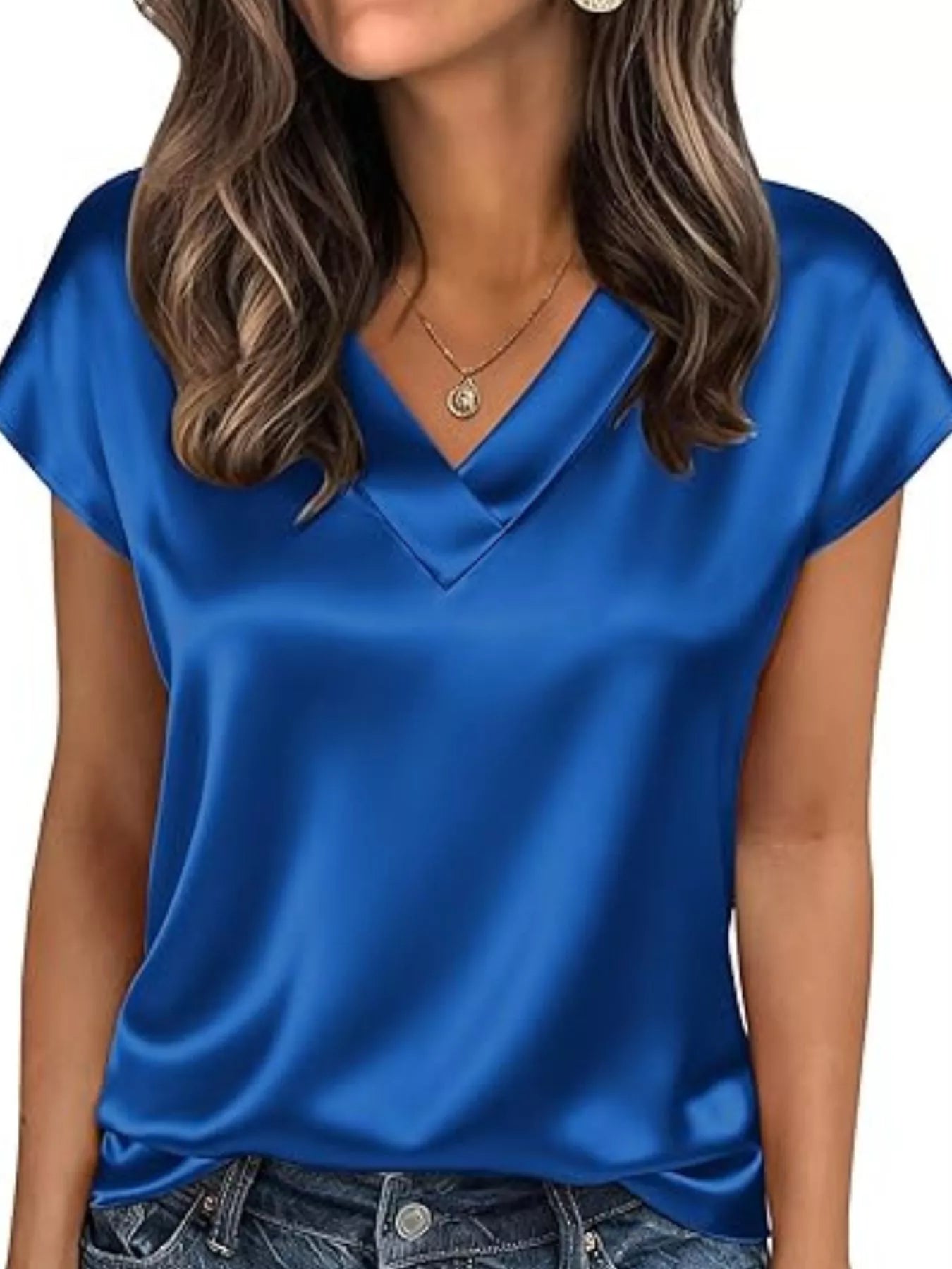 Satin V-Neck Short Sleeve Blouse